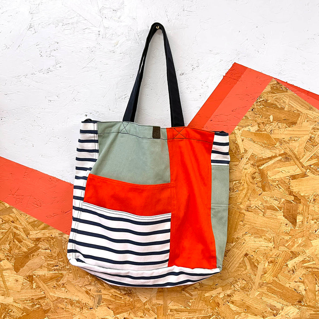 SHOPA CANVAS TOTE BAG / Regular Navy Stripe + Red Block