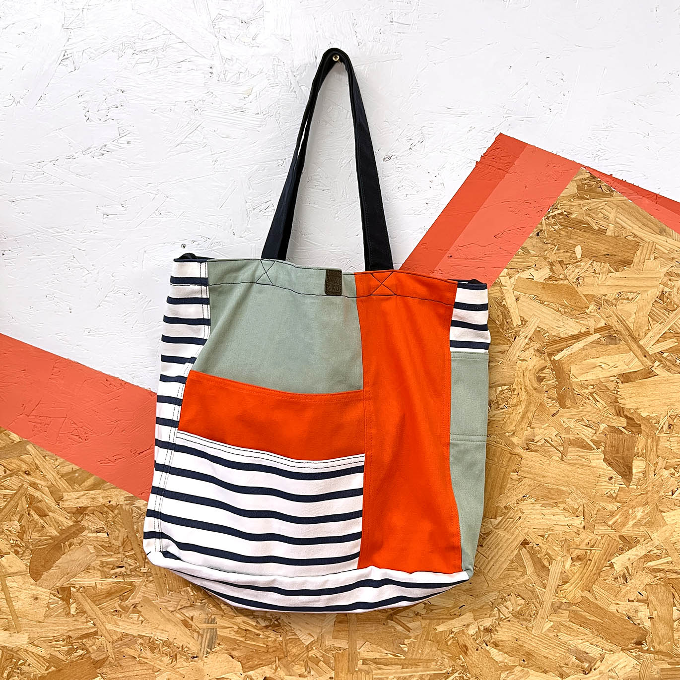 SHOPA CANVAS TOTE BAG / Regular Navy Stripe + Red Block