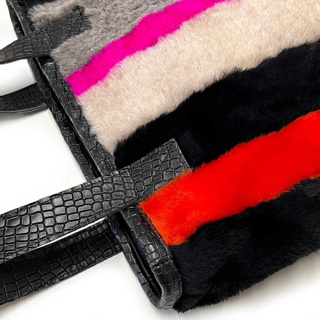 STRIPE SHEEPSKIN BAG / SMALL - Grey + Black with Orange + Fuchsia