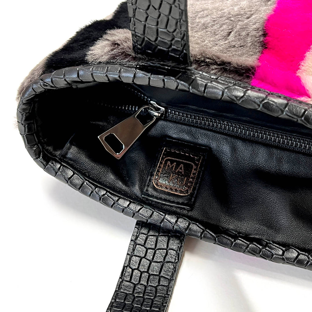 STRIPE SHEEPSKIN BAG / SMALL - Grey + Black with Orange + Fuchsia