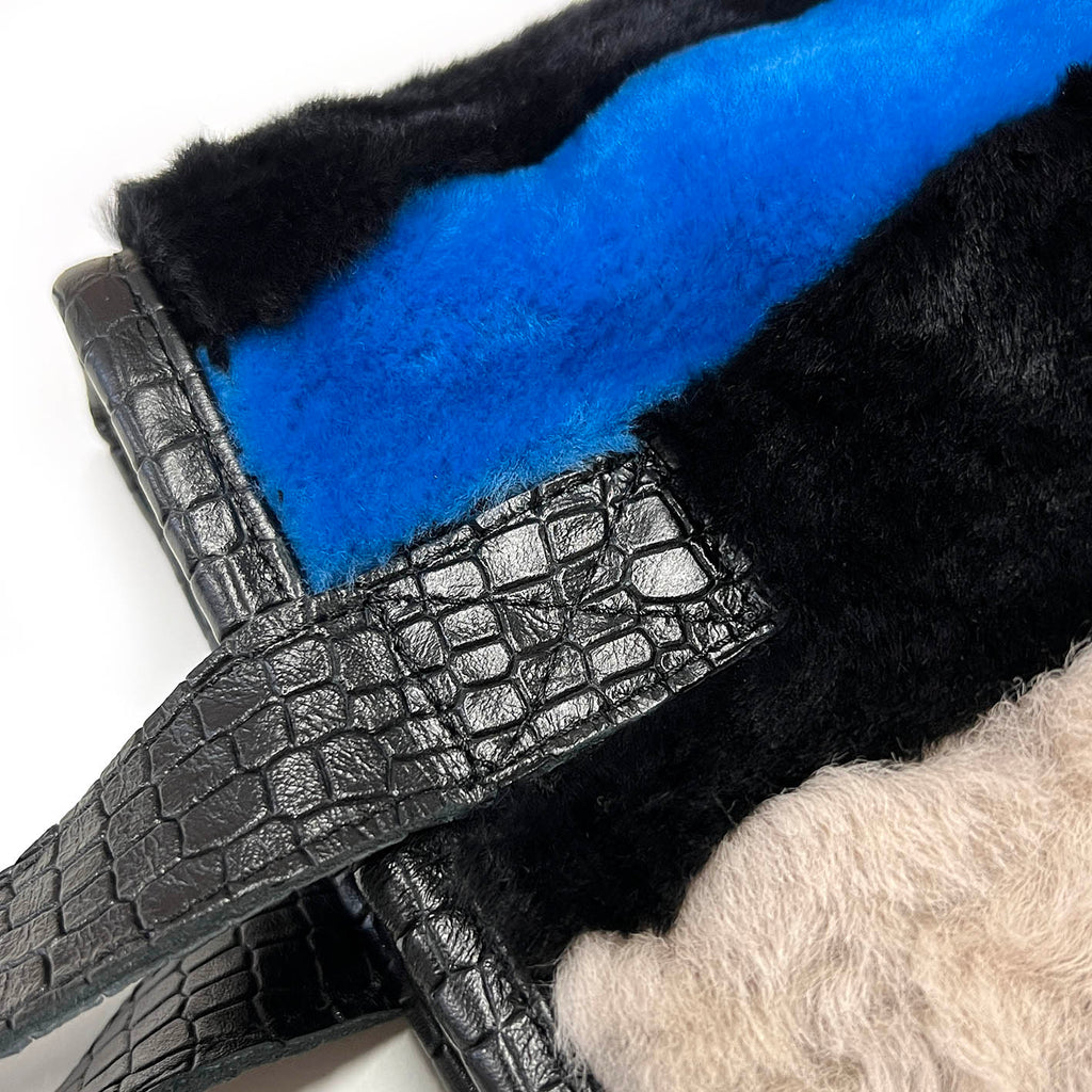 STRIPE SHEEPSKIN BAG / SMALL - Grey + Black with Emerald + Blue