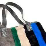 STRIPE SHEEPSKIN BAG / SMALL - Grey + Black with Emerald + Blue