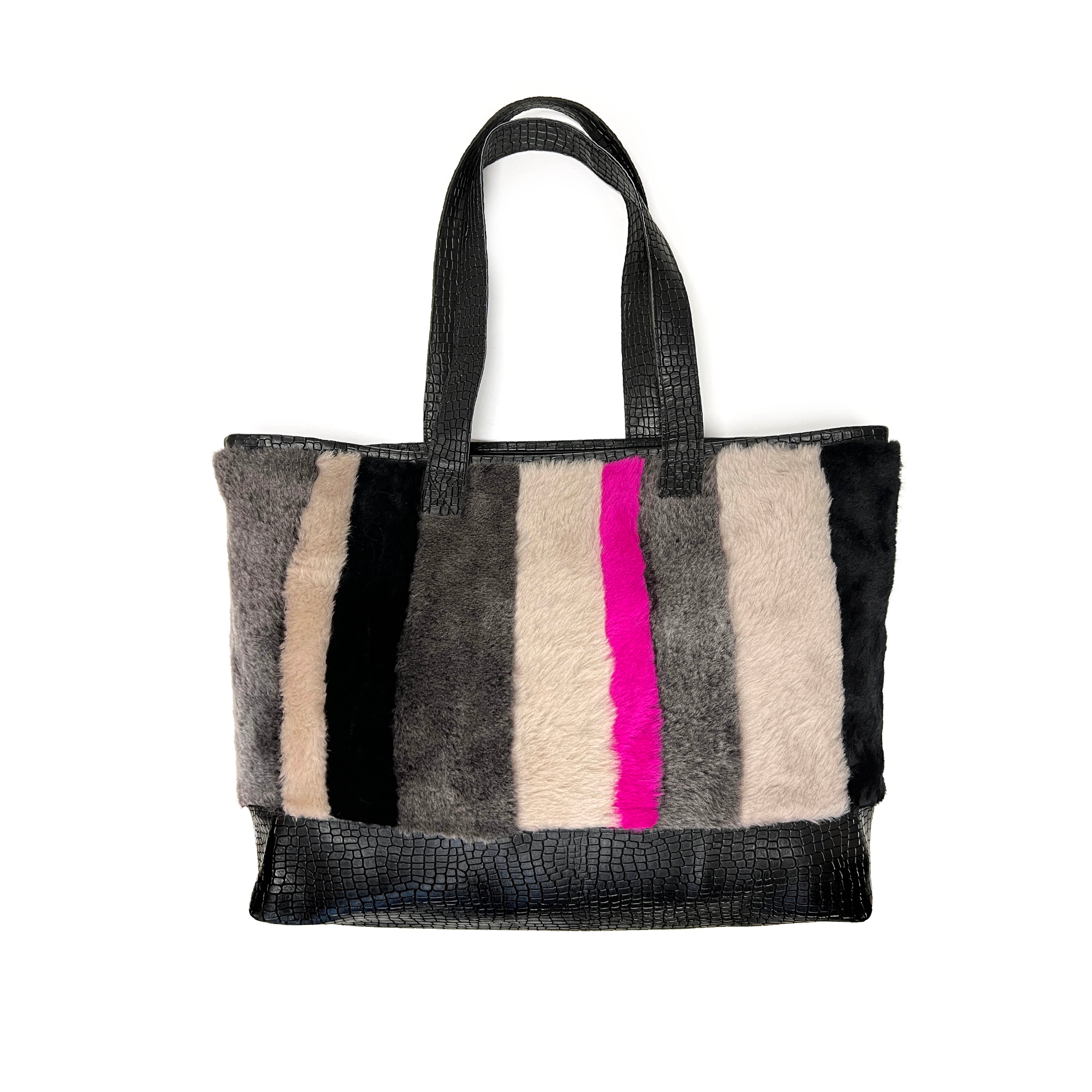 STRIPE SHEEPSKIN BAG / LARGE - Grey + Black with Fuchsia