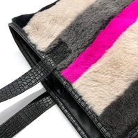 STRIPE SHEEPSKIN BAG / LARGE - Grey + Black with Fuchsia