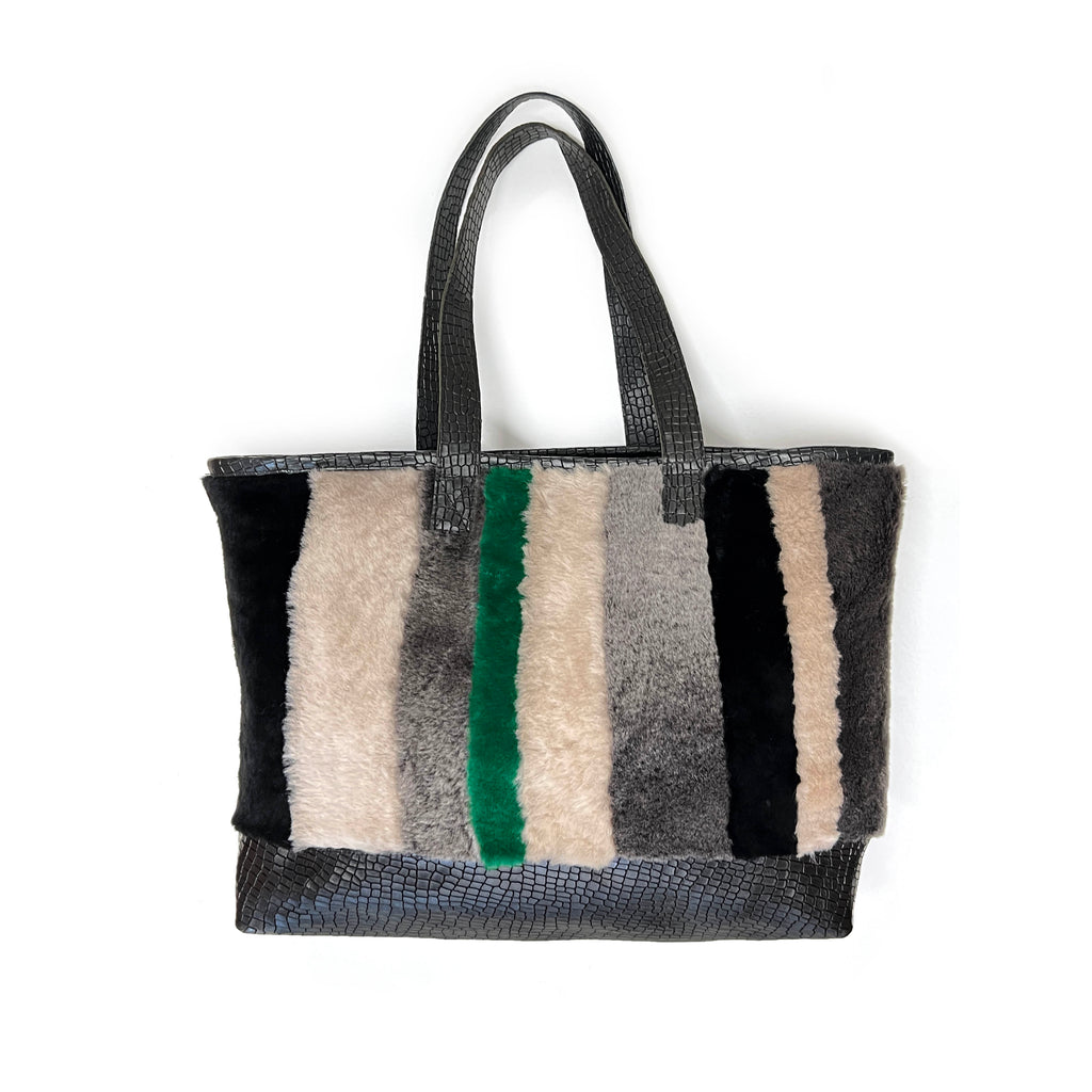STRIPE SHEEPSKIN BAG / LARGE - Grey + Black with Emerald