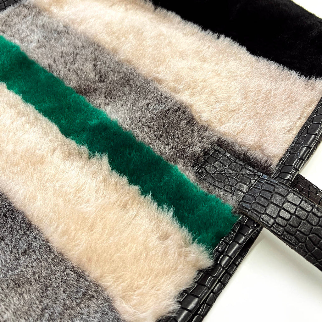 STRIPE SHEEPSKIN BAG / LARGE - Grey + Black with Emerald