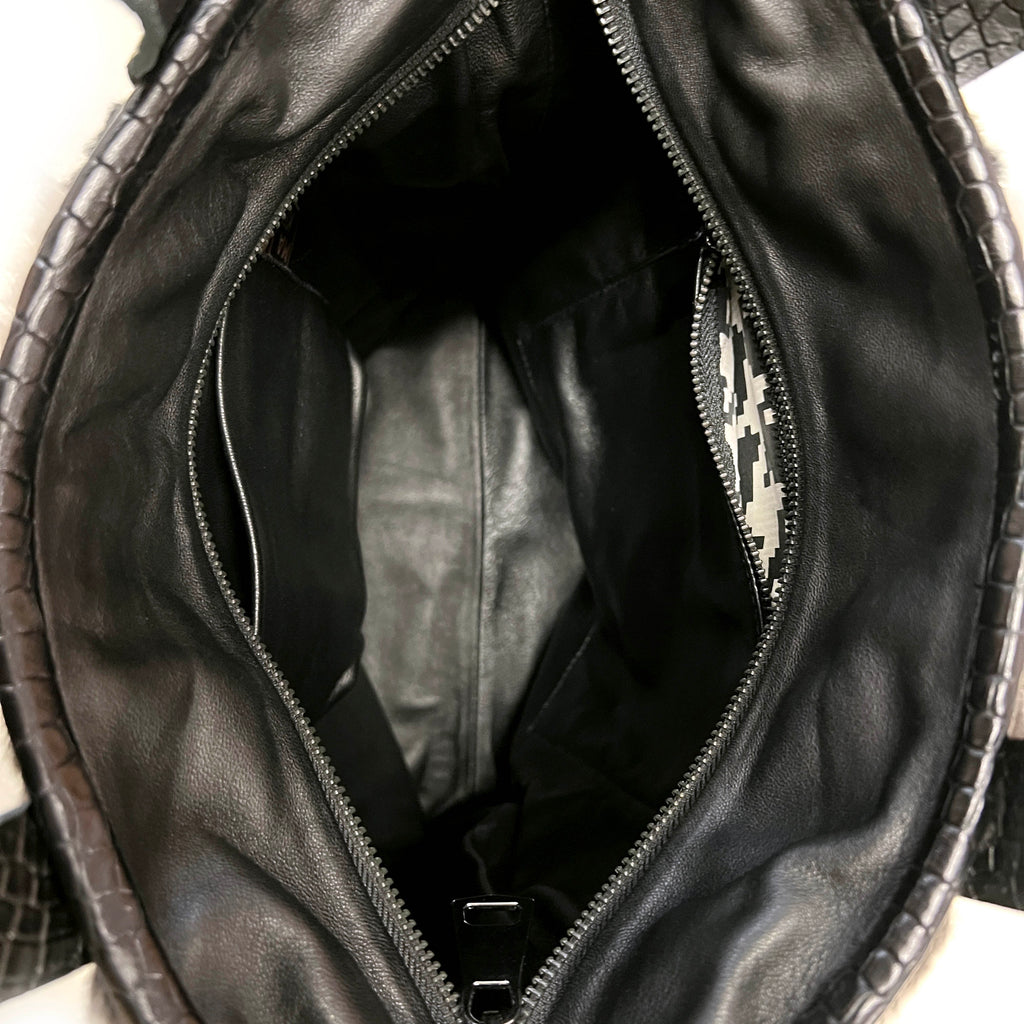 STRIPE SHEEPSKIN BAG / SMALL - Grey + Black with Emerald + Blue