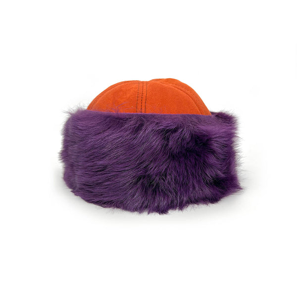 Orange cap with a purple fur trim on a white background