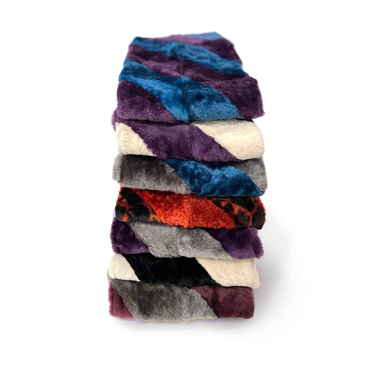 YAMA STRIPE Patchwork Sheepskin Scarf / Aubergine + Grey