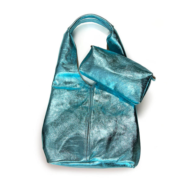 MIBA LEATHER SLOUCH BAG / Metallic Aqua