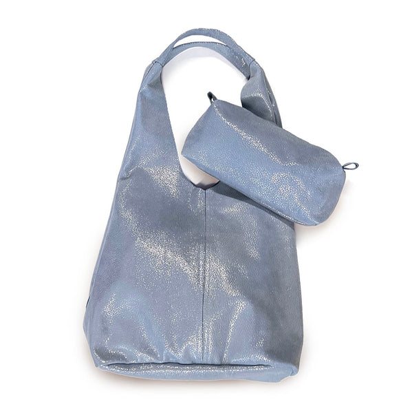 MIBA LEATHER SLOUCH BAG / Silver Blue Texture
