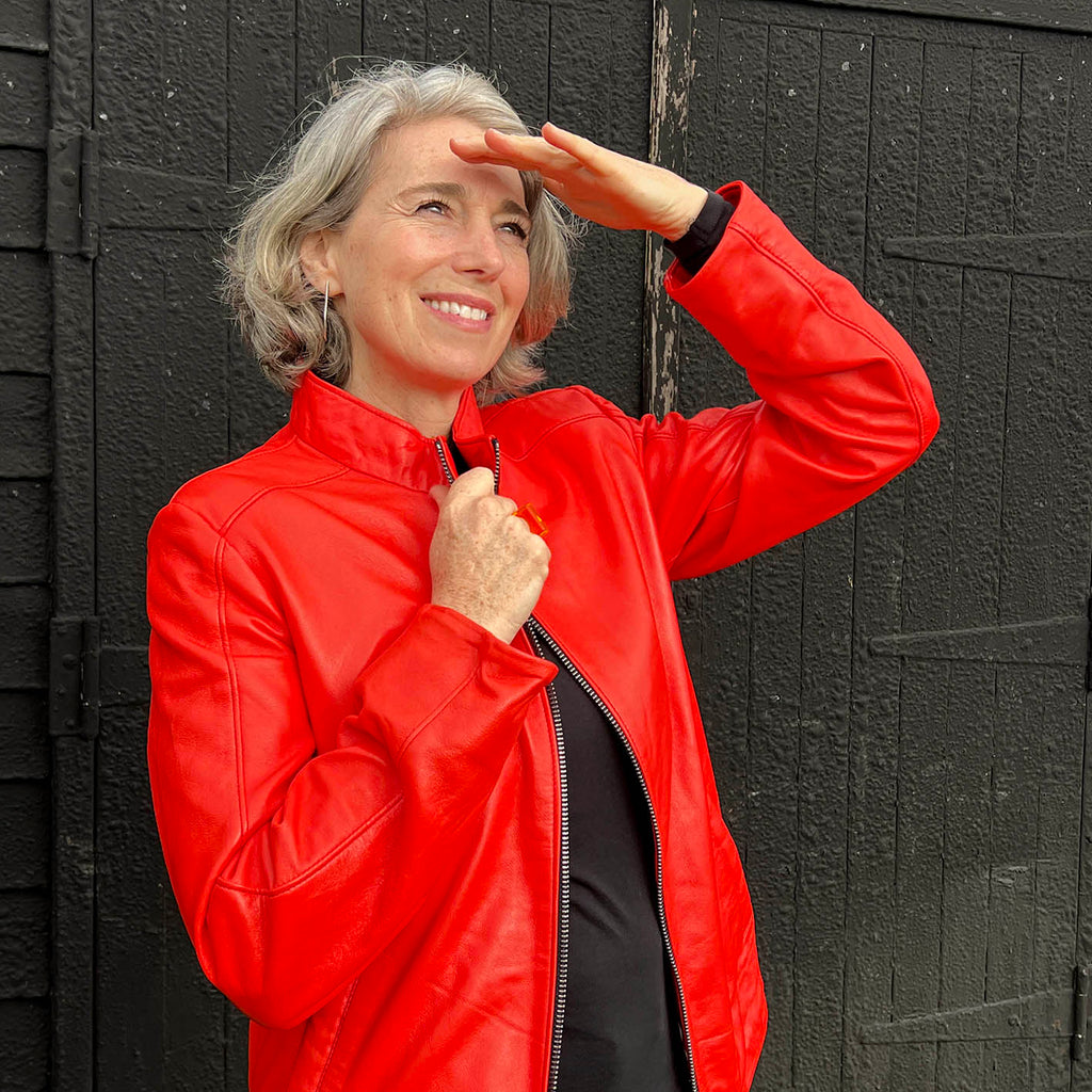 JENKA Ladies' Leather Biker Jacket / Orange Red