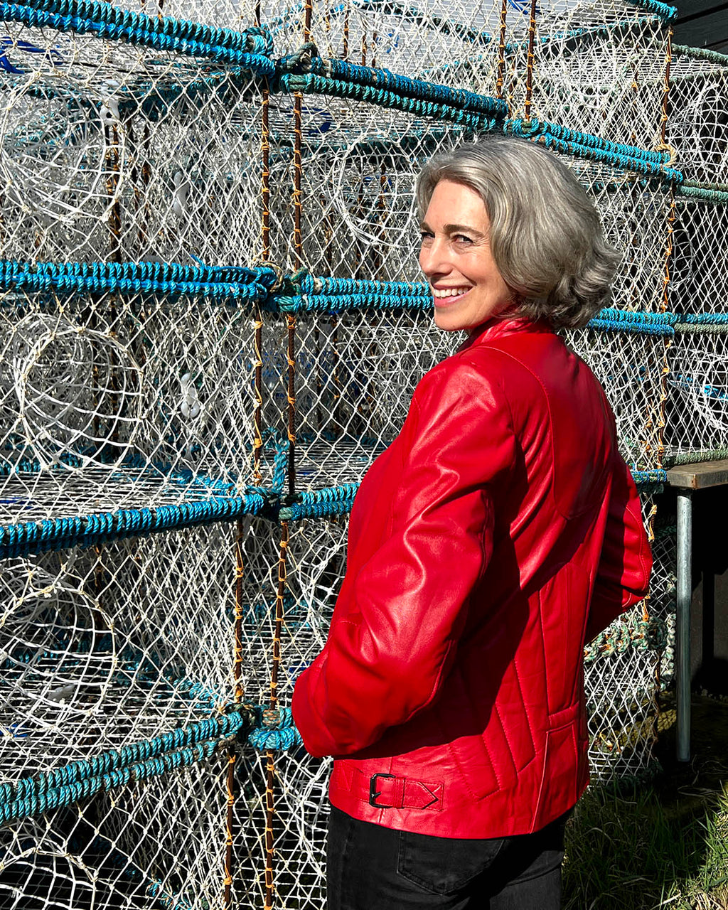 JENKA Ladies' Leather Biker Jacket / Cherry Red
