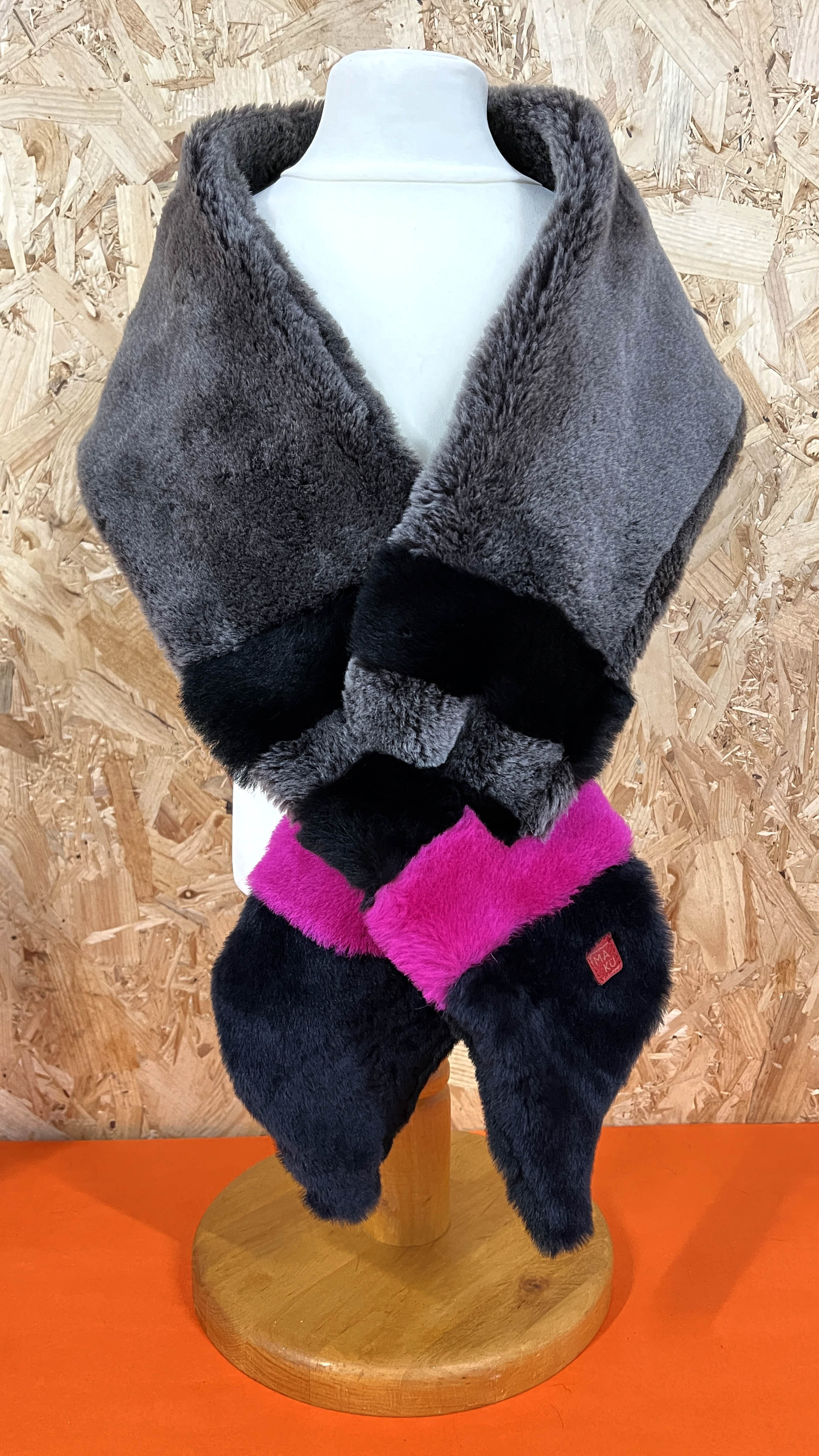 FIFI Striped Grey + Fuchsia Sheepskin Scarf / Limited Edition