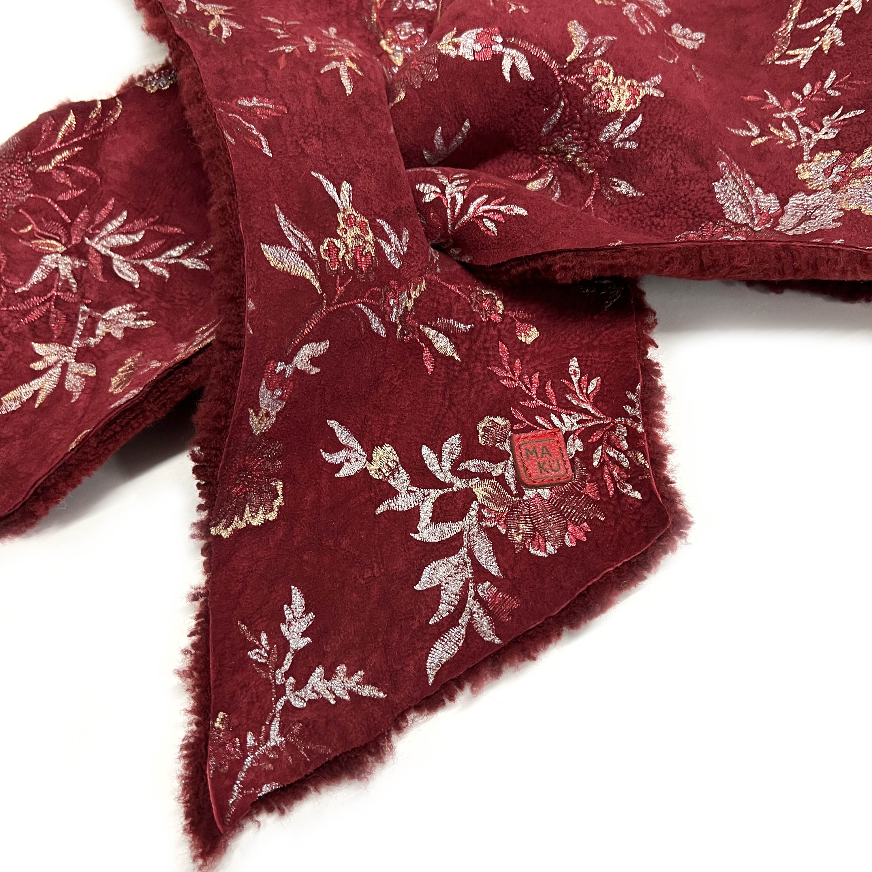 FIFI Burgundy + Silver Flower Sheepskin Scarf / Limited Edition