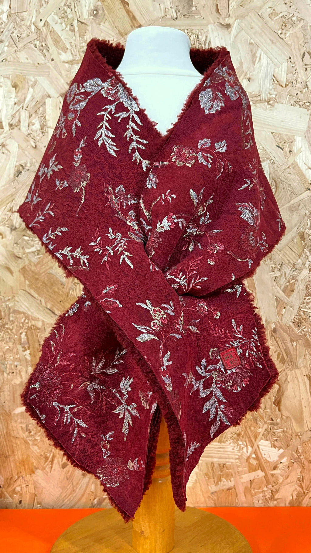 FIFI Burgundy + Silver Flower Sheepskin Scarf / Limited Edition