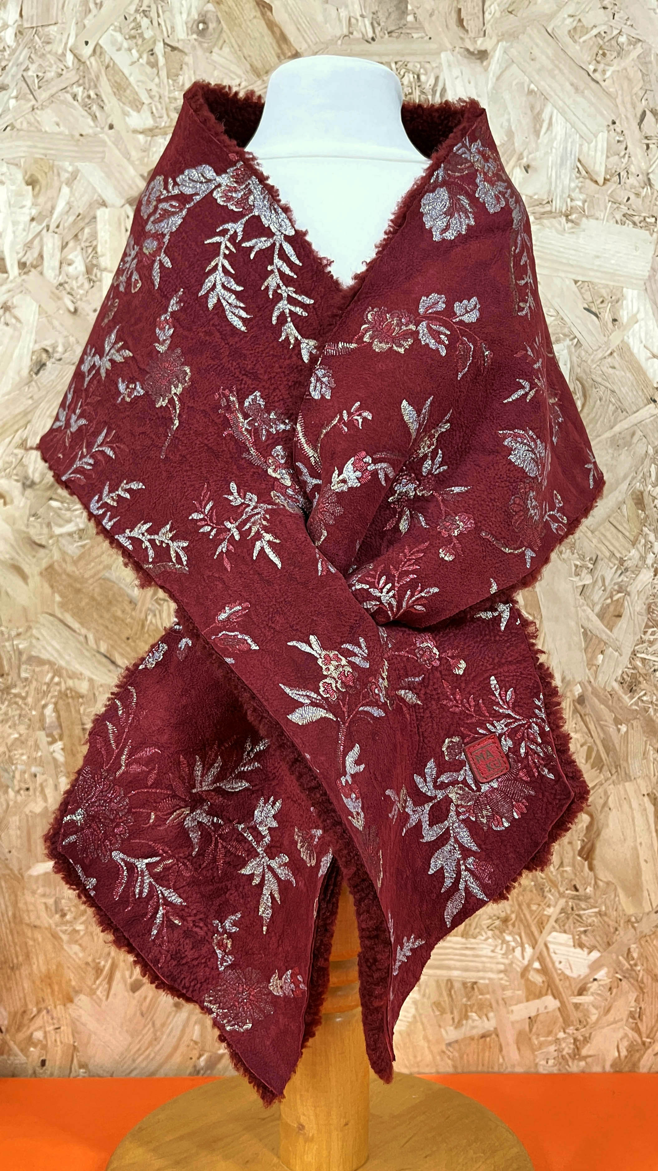 FIFI Burgundy + Silver Flower Sheepskin Scarf / Limited Edition