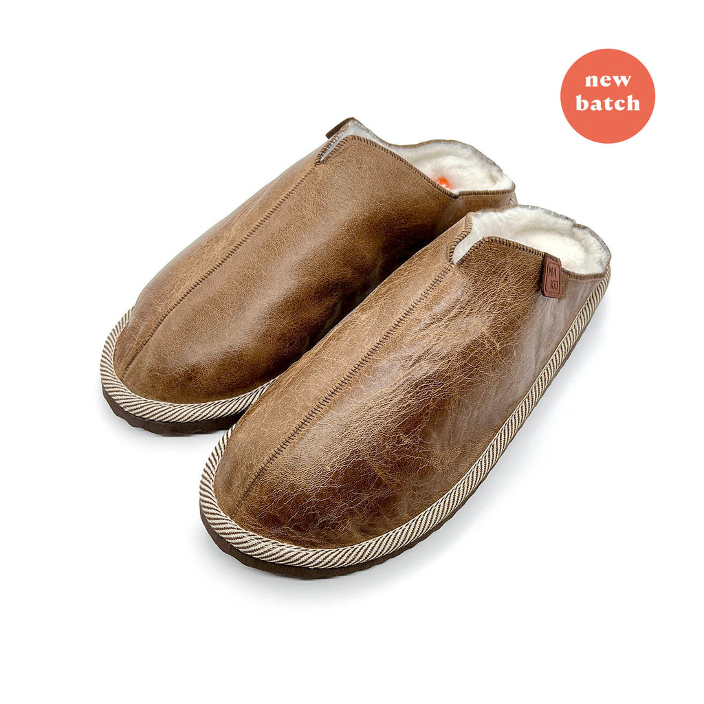POLIN MID BROWN LEATHER / Sheepskin slippers