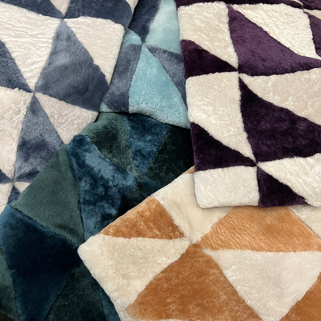 TRIANGLE Patchwork Sheepskin Throw / Aqua + Blue Grey