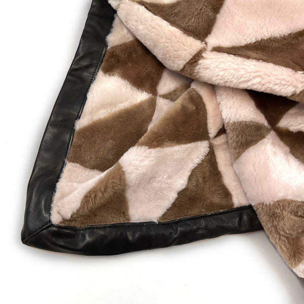 TRIANGLE Sheepskin Patchwork Throw / Warm Brown + Natural with leather trim