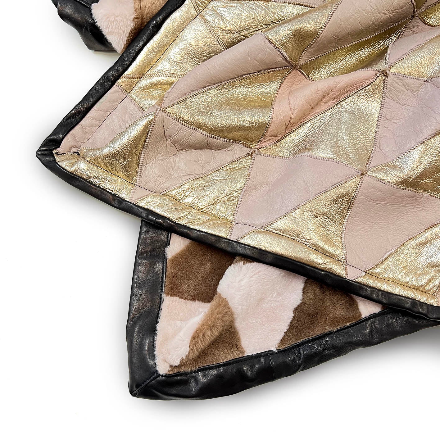 TRIANGLE Sheepskin Patchwork Throw / Warm Brown + Natural with leather trim