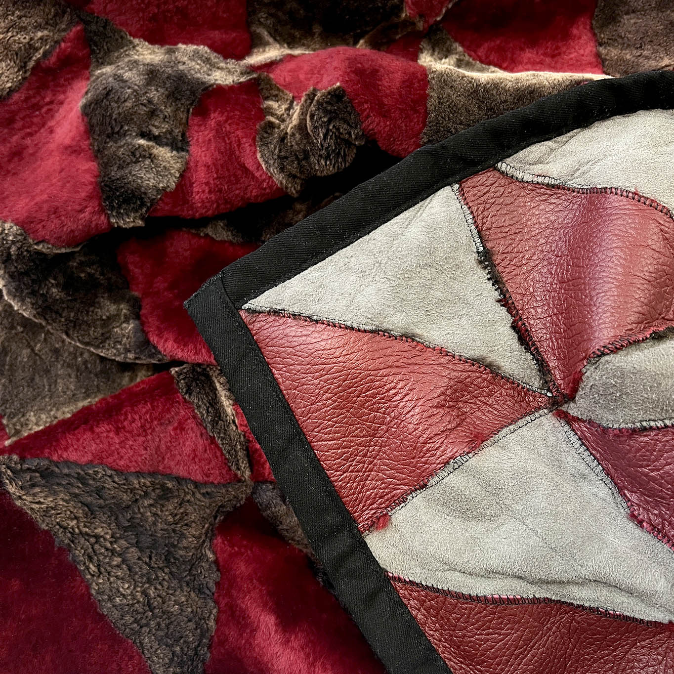 TRIANGLE Sheepskin Patchwork Throw / Rich Red + Variegated Brown