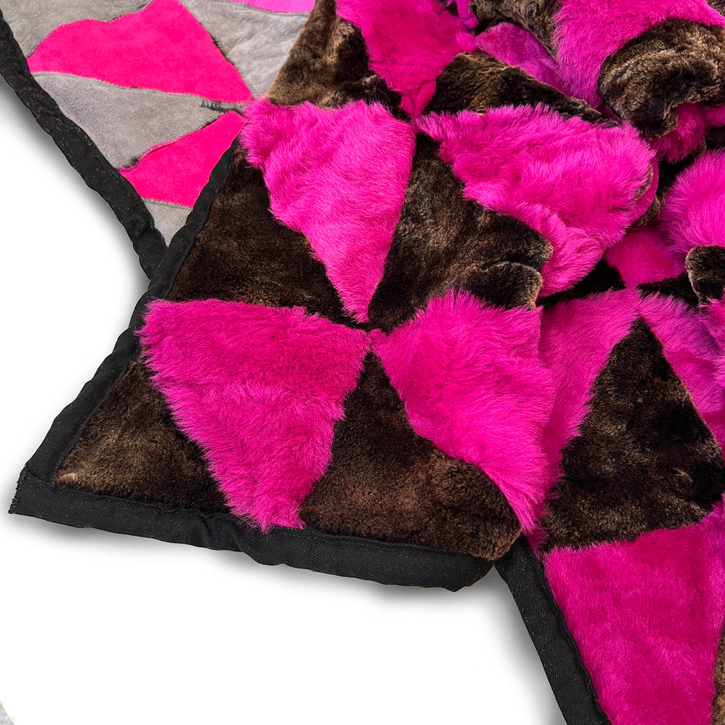 TRIANGLE Sheepskin Patchwork Throw / Fuchsia + Variegated Brown