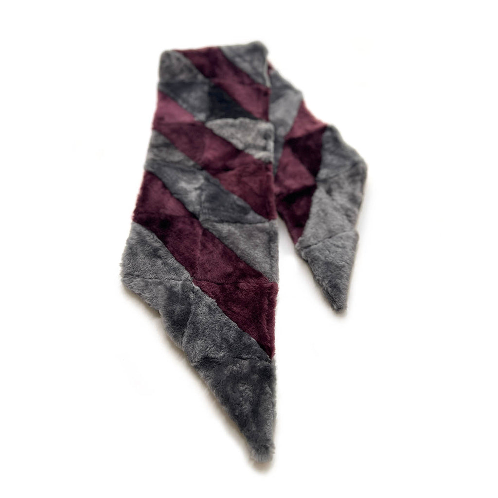 YAMA STRIPE Patchwork Sheepskin Scarf / Aubergine + Grey