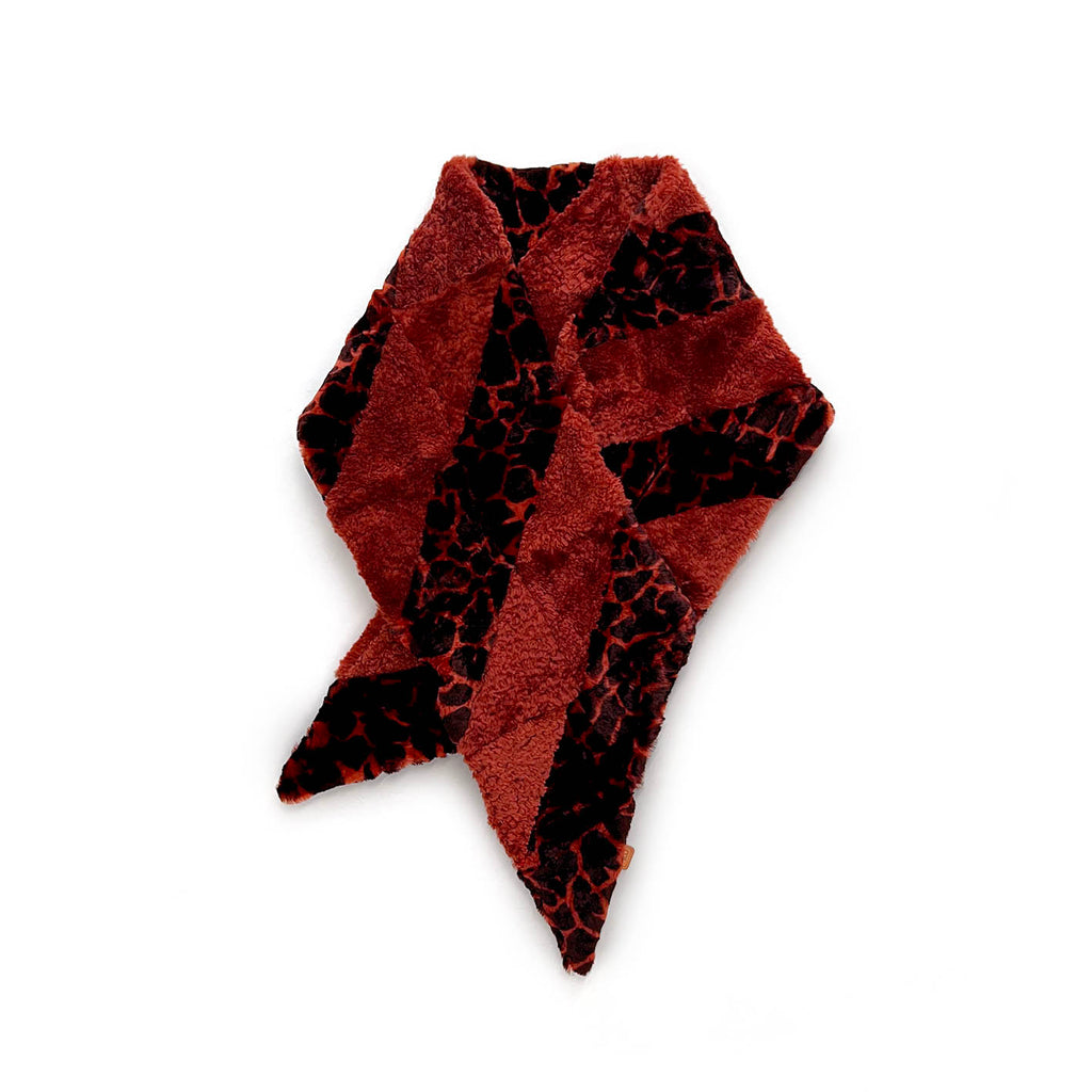 YAMA STRIPE Patchwork Sheepskin Scarf / Rust + Black Animal Print