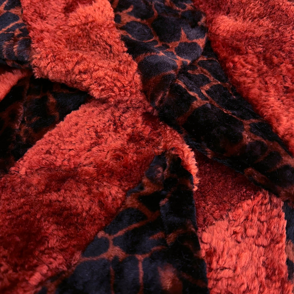 YAMA STRIPE Patchwork Sheepskin Scarf / Rust + Black Animal Print