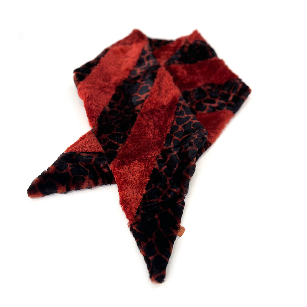 YAMA STRIPE Patchwork Sheepskin Scarf / Rust + Black Animal Print