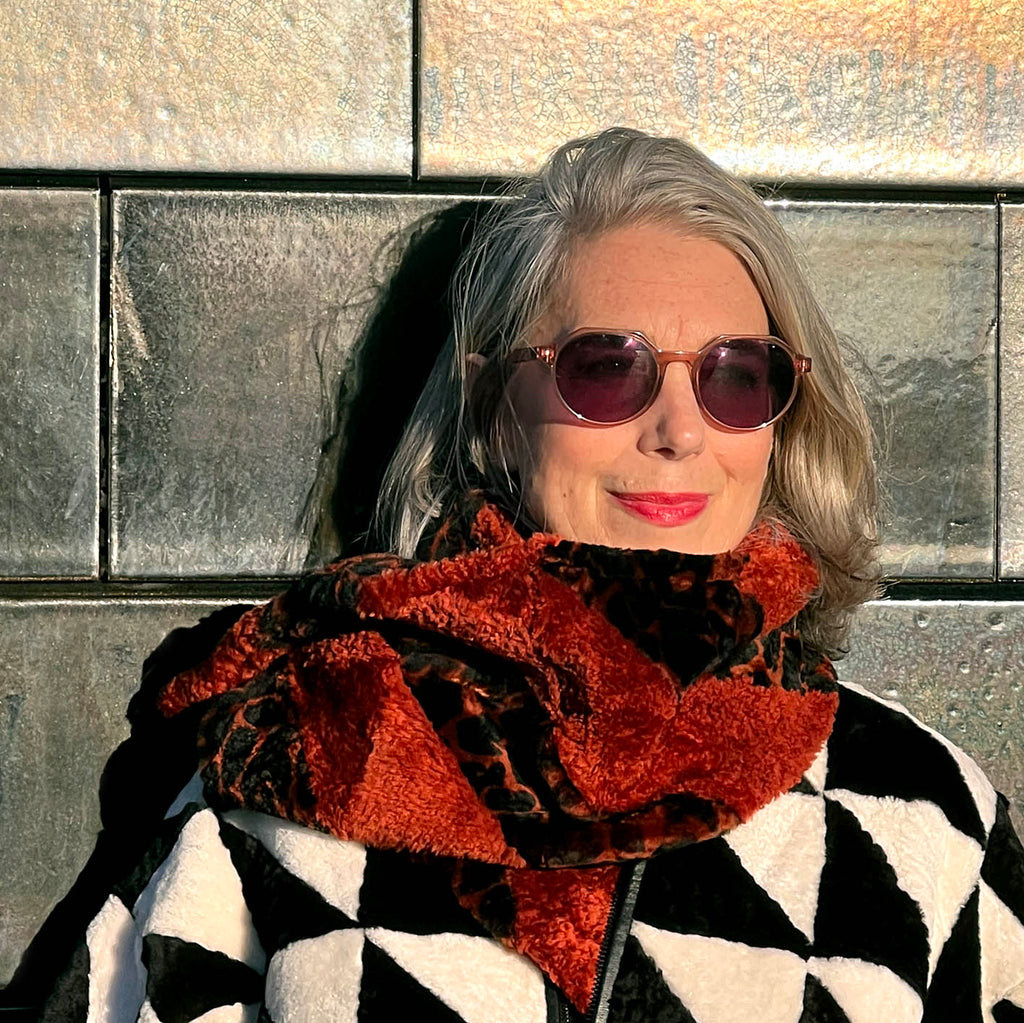 YAMA STRIPE Patchwork Sheepskin Scarf / Rust + Black Animal Print