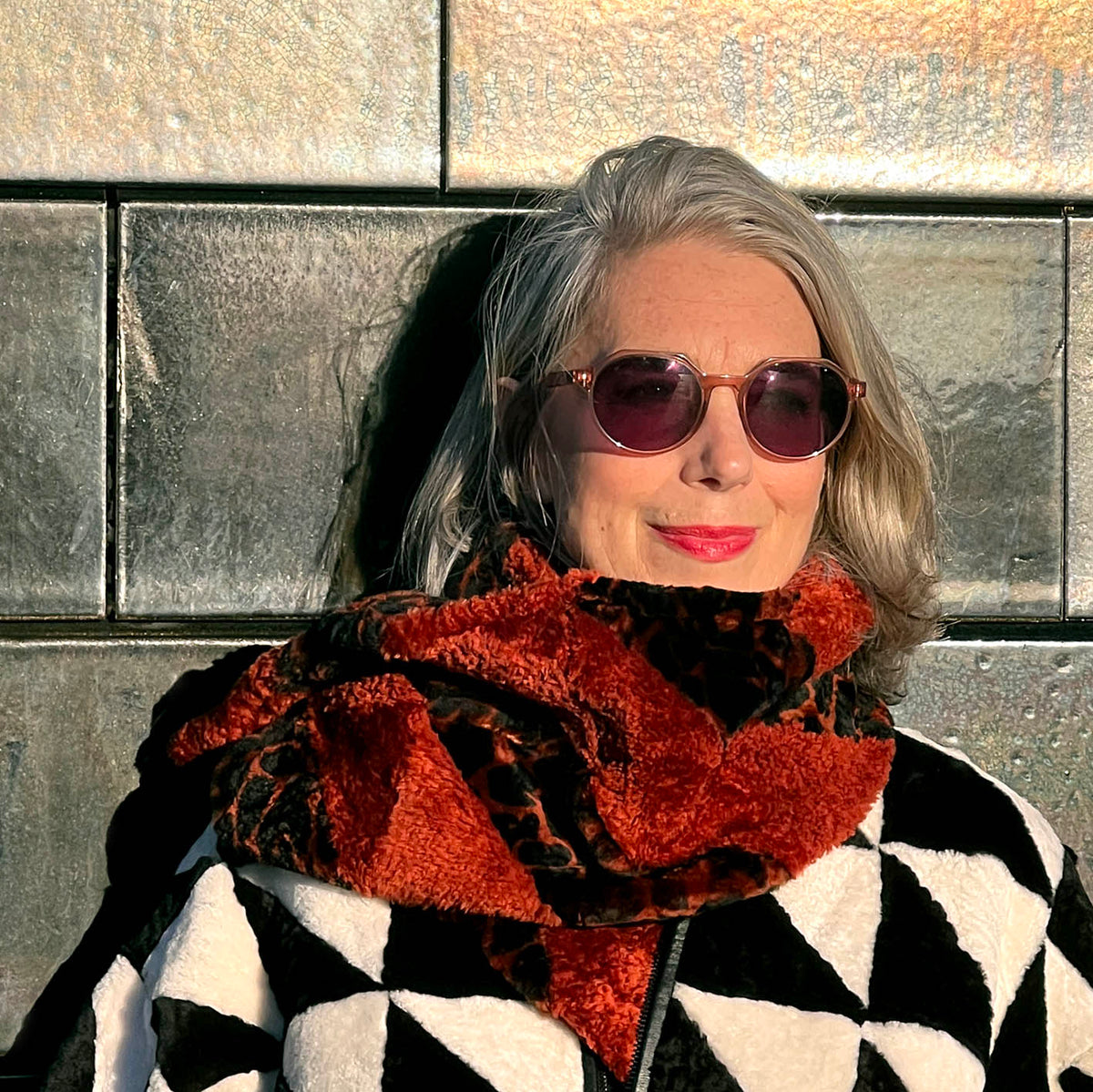 YAMA STRIPE Patchwork Sheepskin Scarf / Rust + Black Animal Print