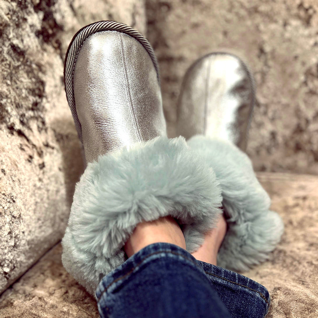 PATIQ AQUA + SILVER / Sheepskin slippers