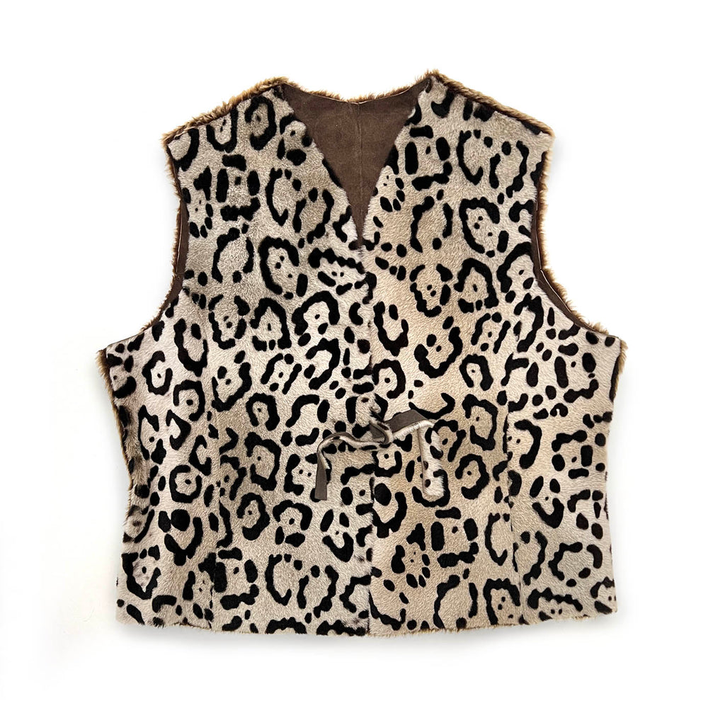 TAIGA Sheepskin Waistcoat - Cappuccino + Black Animal Print / Variegated Brown