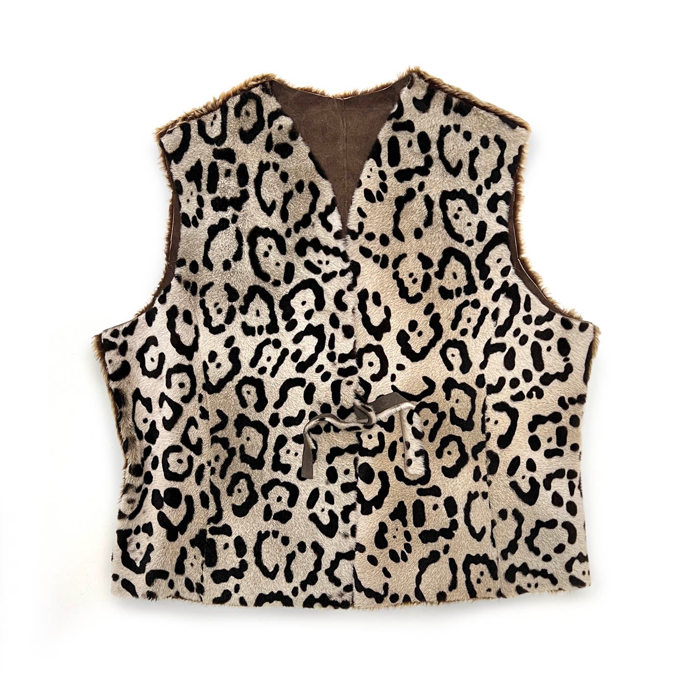 TAIGA Sheepskin Waistcoat - Cappuccino + Black Animal Print / Variegated Brown