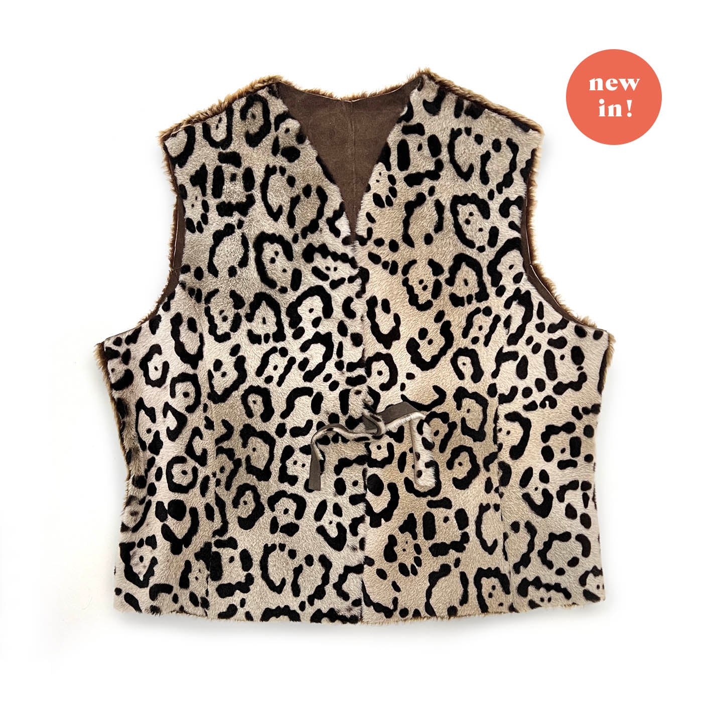 TAIGA Sheepskin Waistcoat - Cappuccino + Black Animal Print / Variegated Brown