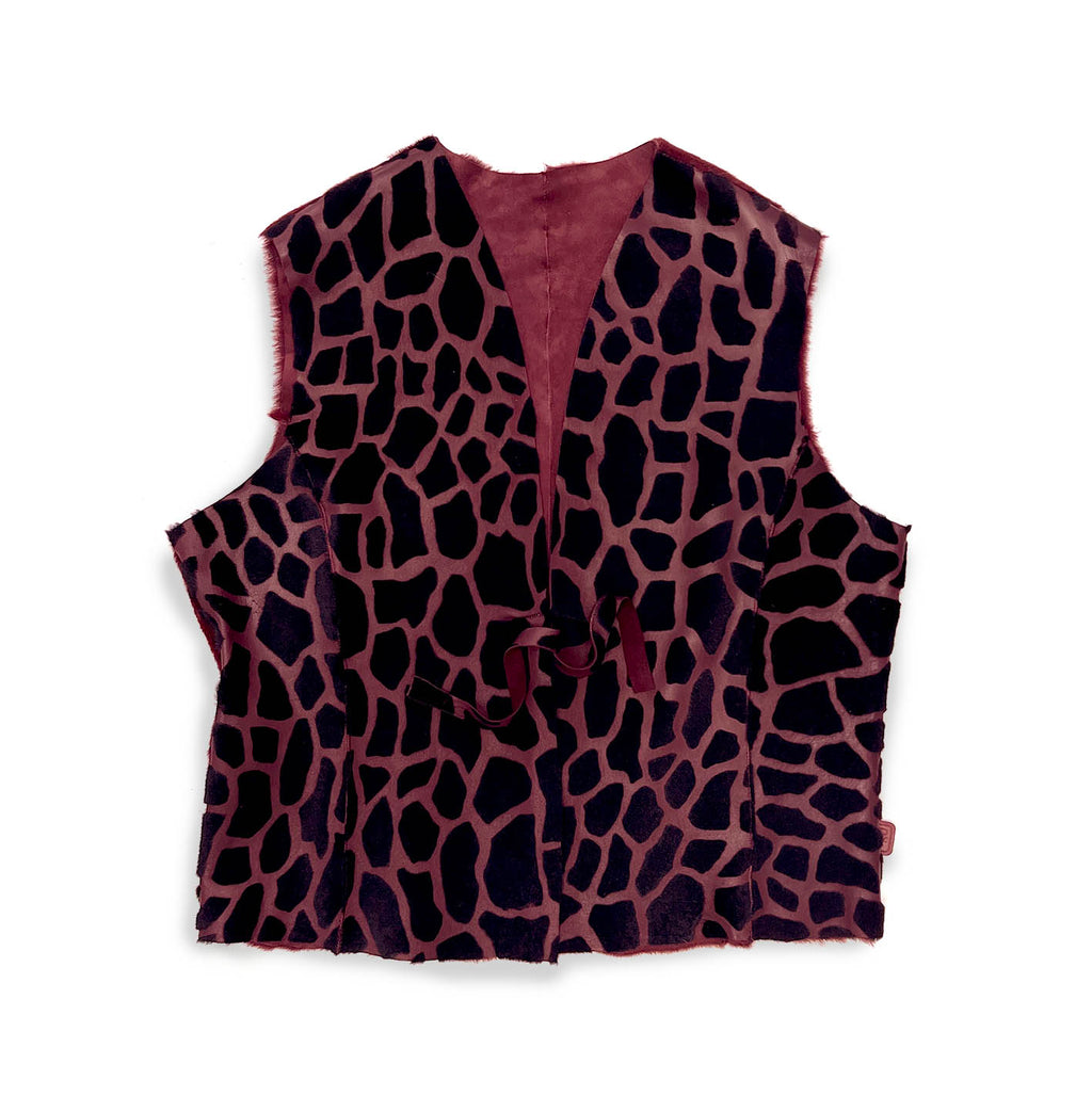 TAIGA Sheepskin Waistcoat - Maroon + Black Giraffe Pattern / Burgundy