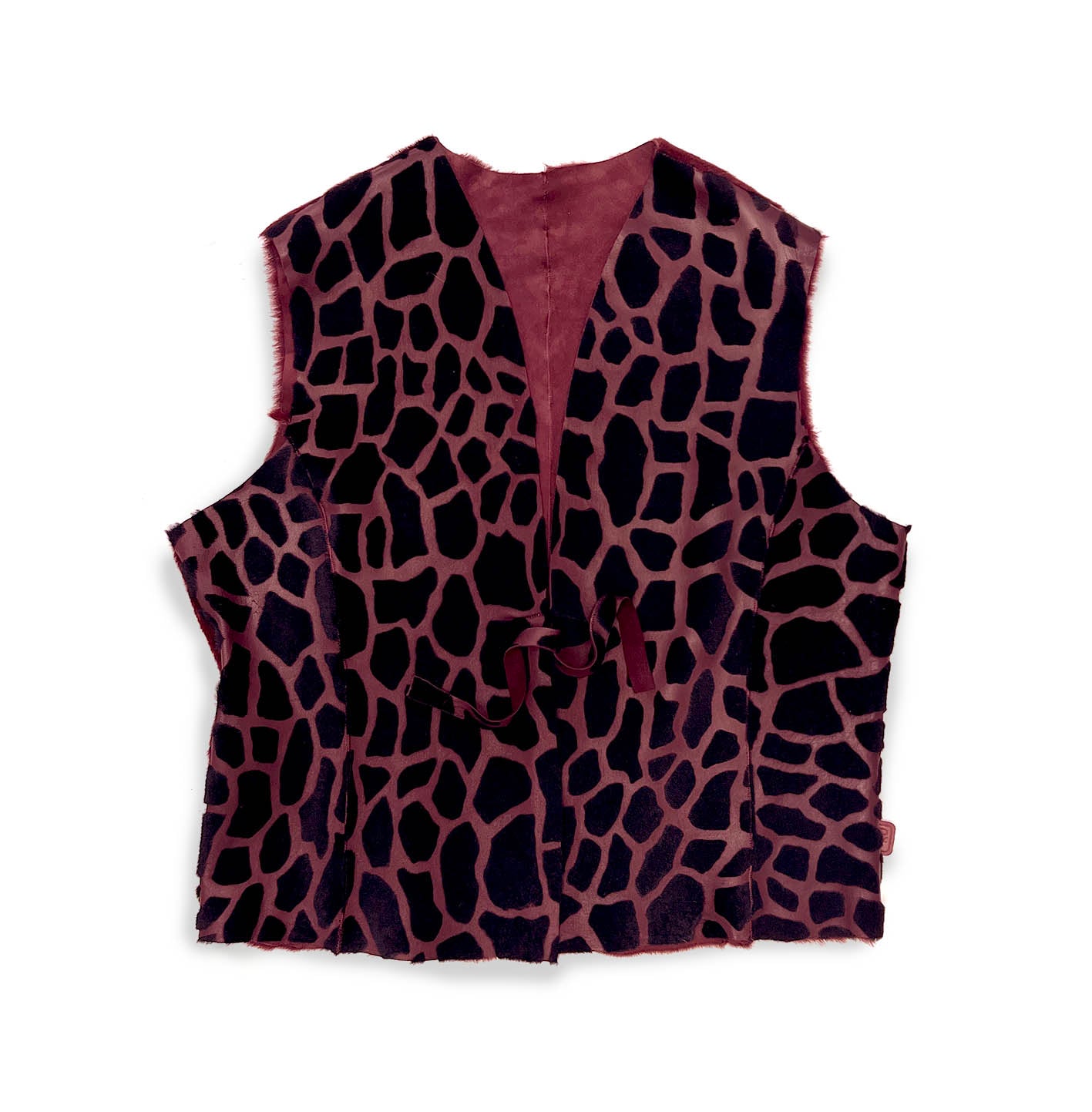 TAIGA Sheepskin Waistcoat - Maroon + Black Giraffe Pattern / Burgundy