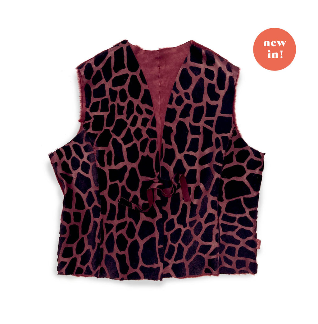 TAIGA Sheepskin Waistcoat - Maroon + Black Giraffe Pattern / Burgundy