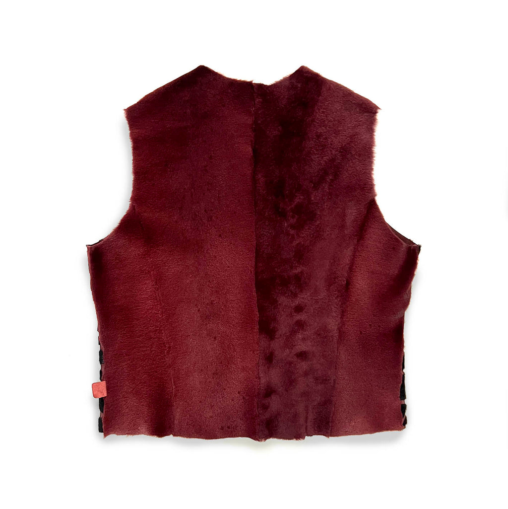 TAIGA Sheepskin Waistcoat - Maroon + Black Giraffe Pattern / Burgundy