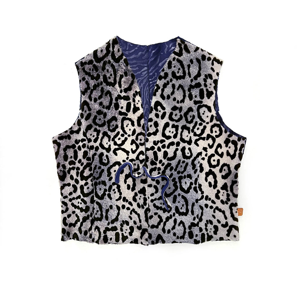 TAIGA Sheepskin Waistcoat - Stone + Black Animal Print / Textured Blue