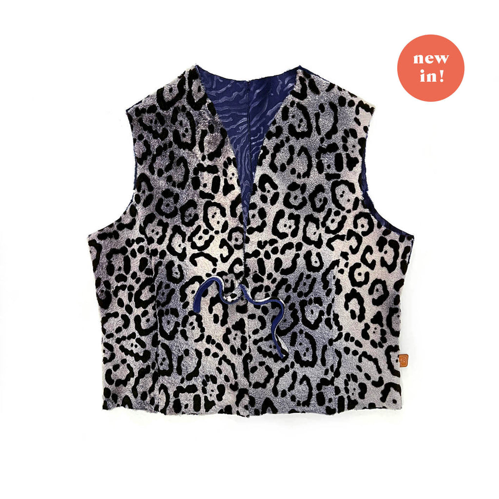 TAIGA Sheepskin Waistcoat - Stone + Black Animal Print / Textured Blue