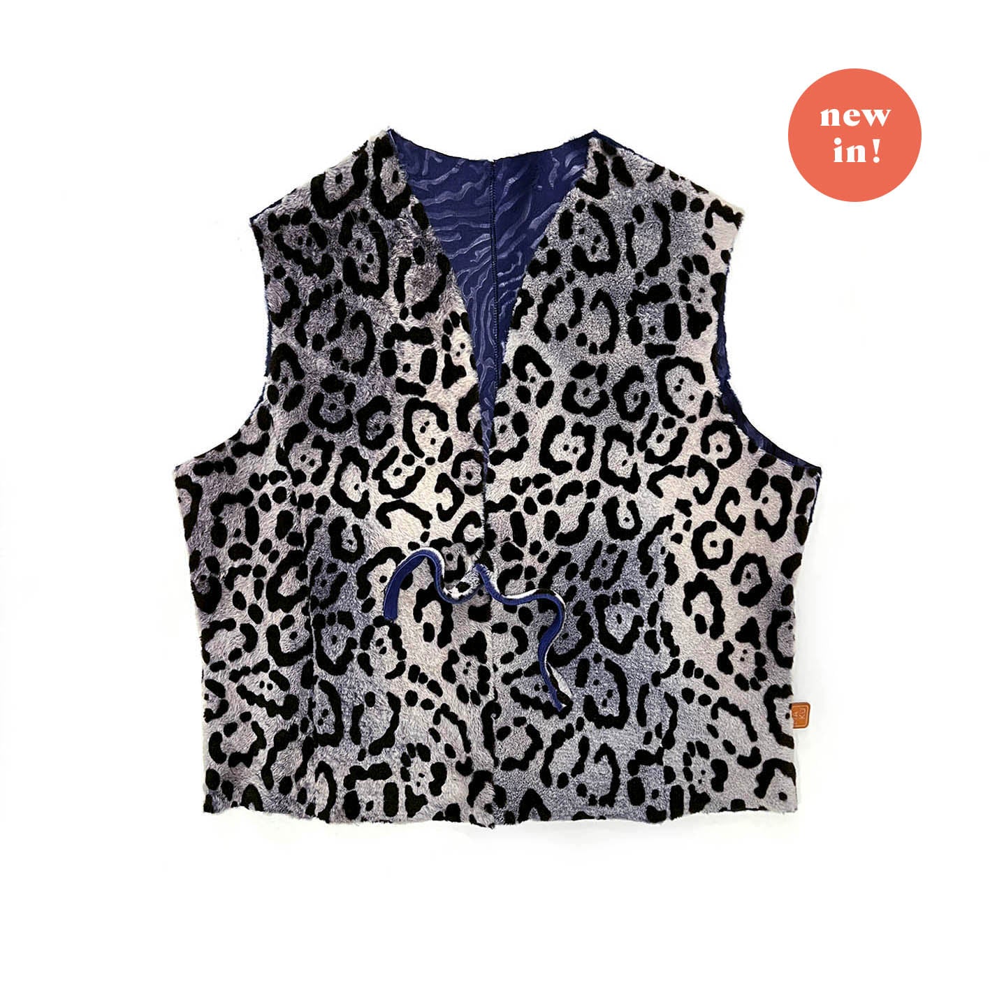 TAIGA Sheepskin Waistcoat - Stone + Black Animal Print / Textured Blue