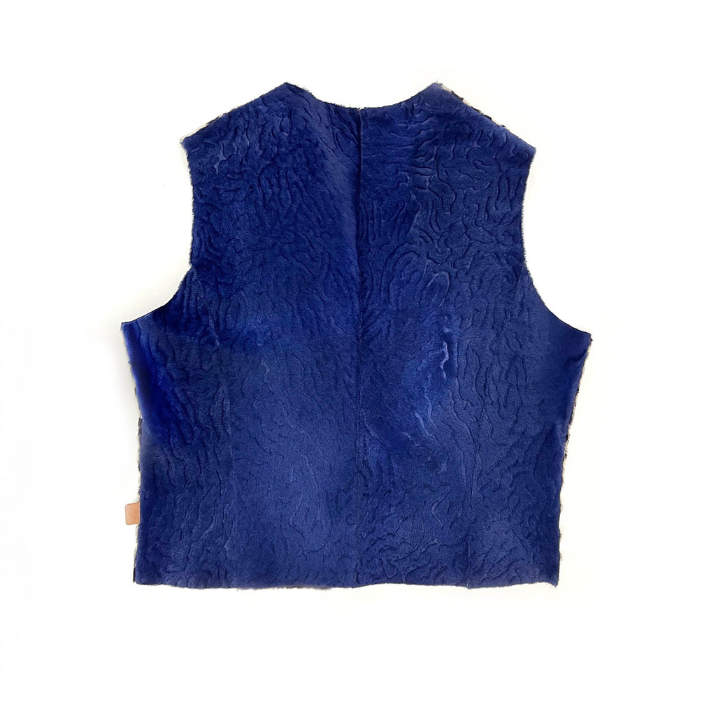 TAIGA Sheepskin Waistcoat - Stone + Black Animal Print / Textured Blue