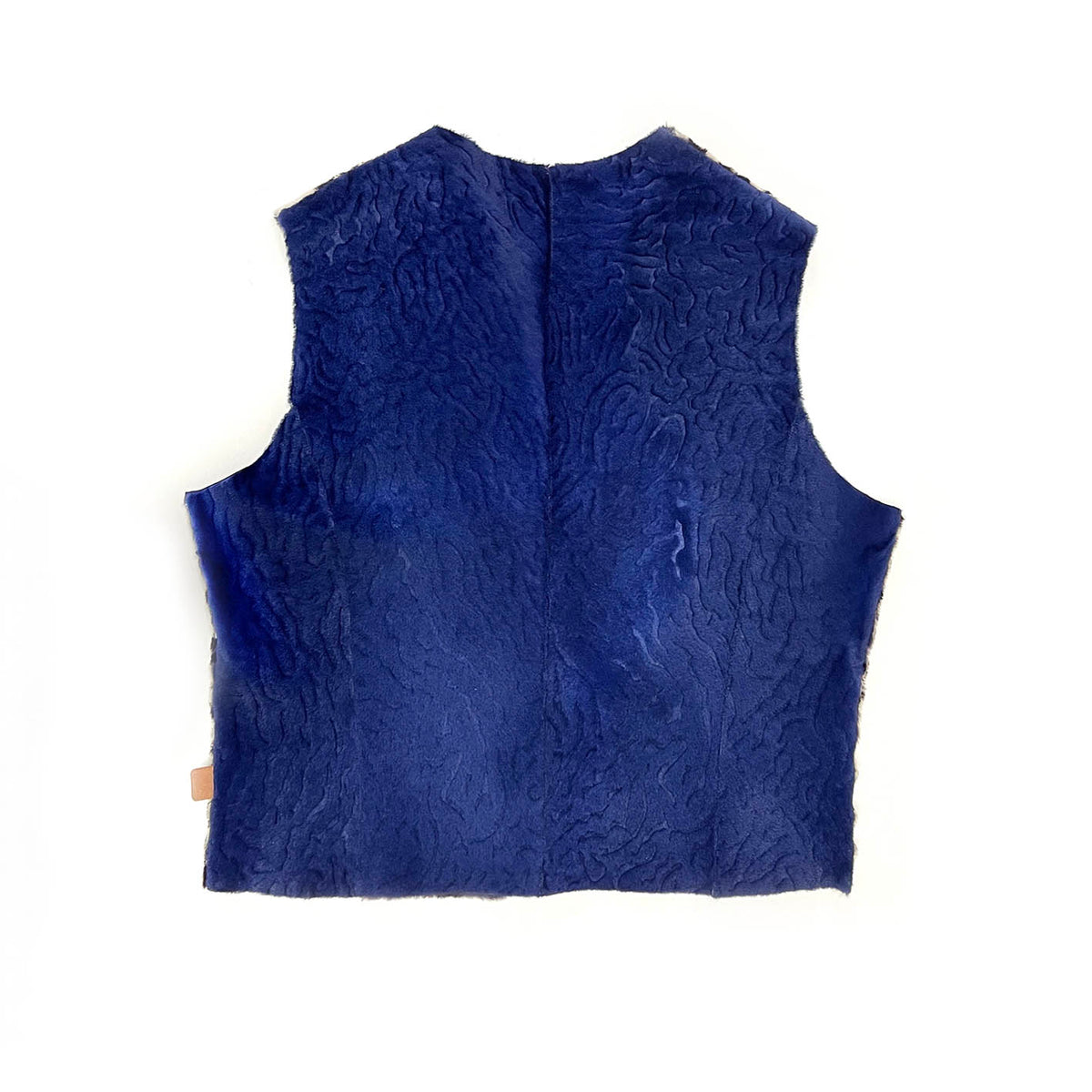 TAIGA Sheepskin Waistcoat - Stone + Black Animal Print / Textured Blue