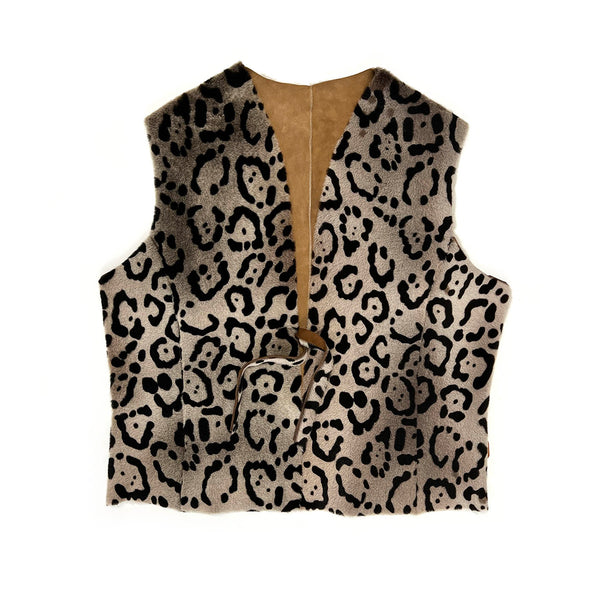 TAIGA Sheepskin Waistcoat - Cappuccino + Black Animal Print / Natural