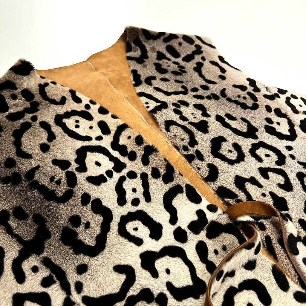 TAIGA Sheepskin Waistcoat - Cappuccino + Black Animal Print / Natural